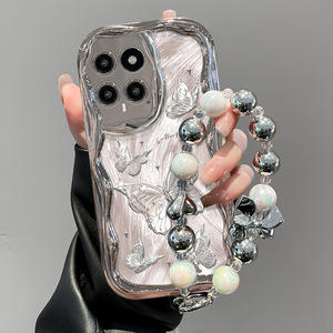 Nouvelle <span class=keywords><strong>coque</strong></span> de téléphone plaquée argent <span class=keywords><strong>avec</strong></span> bord ondulé motif papillon pour <span class=keywords><strong>iPhone</strong></span> 17 16 15 14 Pro Max, <span class=keywords><strong>avec</strong></span> <span class=keywords><strong>cordon</strong></span> de cou perlé en forme de cœur et nœud papillon - Product Image 2