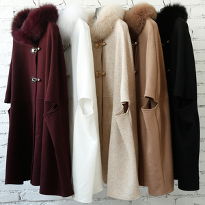 Meilleur prix d'usine taille unique femmes col en fourrure de renard <span class=keywords><strong>Cape</strong></span> en laine mélangée <span class=keywords><strong>Cape</strong></span> <span class=keywords><strong>manteau</strong></span> avec col en fourrure hiver tissé moelleux châle en fourrure de renard - Product Image 1