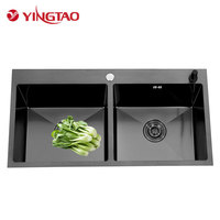 Évier de cuisine YINGTAO, grande capacité, double cuve carrée, en acier inoxydable nano noir, fait main, à encastrer, avec garantie de 5 ans