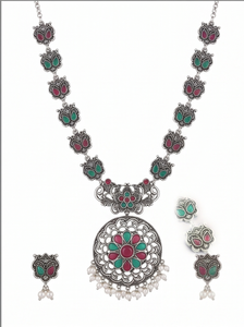 DIVYORO Elaborate Oxidized Long <b>Necklace</b> Set with Pink and Green Stones Designer <b>Statement</b> <b>Necklace</b> Set with Earrings - Product Image 3