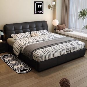 Modern Minimalist Leather Double Bed With Storage Soft <b>Backrest</b> Low Box Design For Master Bedroom Home Use - Product Image 1