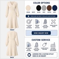 Robe midi en maille plissée élégante et personnalisée pour femme, col en V festonné, demi-fermeture boutonnée, taille cintrée, idéale pour les trajets quotidiens
