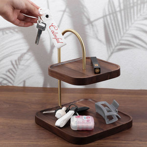 Boîte à bijoux en bois massif, support de rangement rond de bureau, organisateur multifonctionnel autoportant, porte-clés décoratif en acier inoxydable - Product Image 3