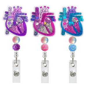 Glitter Acrylic Heart Cardiac Badge Reel Bling Glitter ID Clip Name Badge Holder <b>Cute</b> Retractable Badge Reels with Metal Clip - Product Image 1