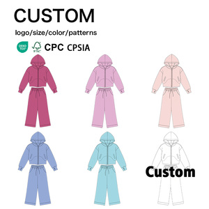 Full Zipper Fleece Lined <b>Kids</b> Tracksuit Hooded Crop Jacket <b>Drawstring</b> Wide Leg Pants Autumn Sportswear Custom Logo Size Color - Product Image 1