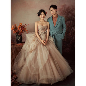 Strapless Tulle Ball Gown Wedding Dress Empire Waistline Vintage Korean Style Floral Photoshoot Forest Theme Couple Outfits - Product Image 1
