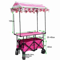 Chariot de marché nocturne pliable avec auvent réglable en hauteur, grande planche de table, chariot à snacks rouge, petit chariot à roulettes 110x60x60cm