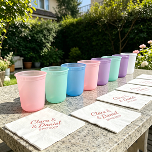 Contenants ronds jetables en plastique PET transparent de 7oz, 5oz, 8oz, 9oz pour mariage, vente en gros, fruits, boba, thé, crème glacée, avec monogramme et inscription 'Cheers' - Product Image 1