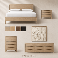 OAKEN Ensemble de chambre à coucher personnalisable de style américain moderne en bois de chêne, comprenant lit King/Queen, table de chevet et commode