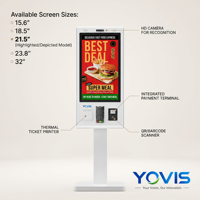 Terminal de point de vente (TPV) en libre-service à écran tactile, série 21,5 pouces, affichage tactile, kiosque en aluminium avec lecteur d'empreintes digitales, scanner QR, paiement par carte et impression de reçus