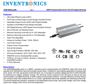 ไดรเวอร์ LED กระแสคงที่ Inventronics ESM-680S840Mx 680W 8400mA กันน้ำ IP67 ปรับหรี่แสงได้ 0-10V - Product Image 2