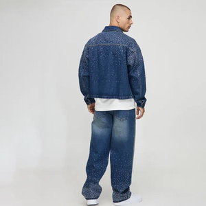 Custom 2 Piece Men's Jeans Set Washed Oversized Boxy Fit <b>Rhinestone</b> Denim <b>Jacket</b> Set - Product Image 2
