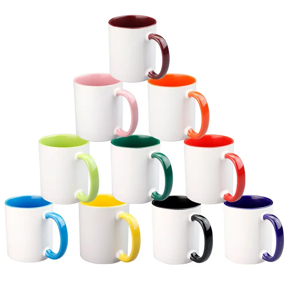 커피 머그 내부 컵 도매 내부 색상 머그 세라믹 11 온스 핸들 승화 인쇄 모델 현대 HANDGRIP 단색