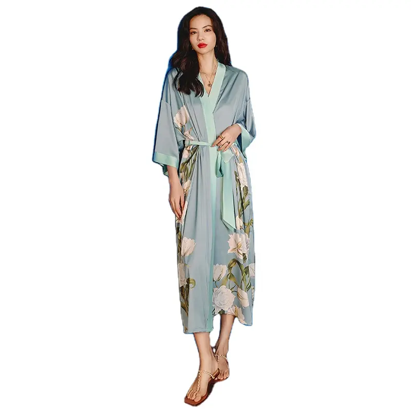 Factory Price Luxury Satin Silk Robes Long V-Neck Asian Women Blue Sleepwear Soft Cozy Satin Floral Silk Robe