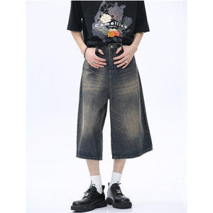 Amerikan tarzı yıkanmış bakmak eski Denim pantolon nakış orta bel beş puan şort gevşek Fit kadınlar için düz şort - Product Image 3