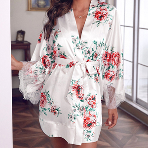 Pyjamas Sexy Satin Impression Manchette Dentelle Couture Cardigan Ceinture <span class=keywords><strong>Robe</strong></span> - Product Image 4