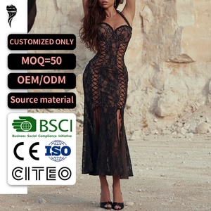 Robe longue de soirée noire en dentelle transparente pour femme, style corset, avec col halter, laçage latéral et fente haute, fabrication sur mesure OEM ODM - Product Image 1