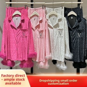 Set Loungewear in Velluto con Decorazioni in Piume e Stampa Leopardata, <span class=keywords><strong>Pigiama</strong></span> di Lusso a Maniche Lunghe per <span class=keywords><strong>Donna</strong></span>, Autunno Inverno - Product Image 2
