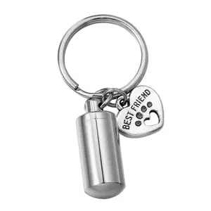 Pet Paw Heart Charm Cylinder Memorial Urn Necklace Stainless Steel Cremation Jewelry