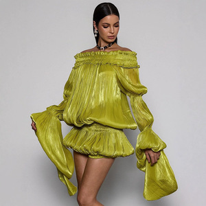 C260626 Elegant Avocado Green Pleated Off Shoulder <strong>Dress</strong> <strong>Women</strong> Flowy Cape Sleeve Tiered Ruffle Evening Party <strong>Dress</strong> <strong>for</strong> Wedding - Product Image 3