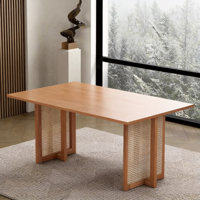 Table à manger en bois massif de style japonais avec accents en rotin tressé - Table à manger rectangulaire moderne en bois pour la maison, les chambres d'hôtes et les cafés