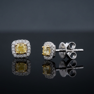 ต่างหูเพชรทรงคุชชั่นสีเหลืองธรรมชาติ ทอง 14KT ประดับด้วยเพชรทรงกลมสีขาวธรรมชาติ – ได้รับการรับรองจาก IGI - Product Image 1