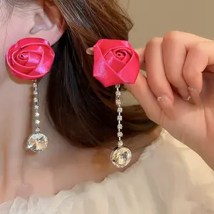 Silver Needle Fabric Rose Blossom Set Diamond Tassel Fashion Long Commuting Personality Wholesale Stud Earrings for Woman