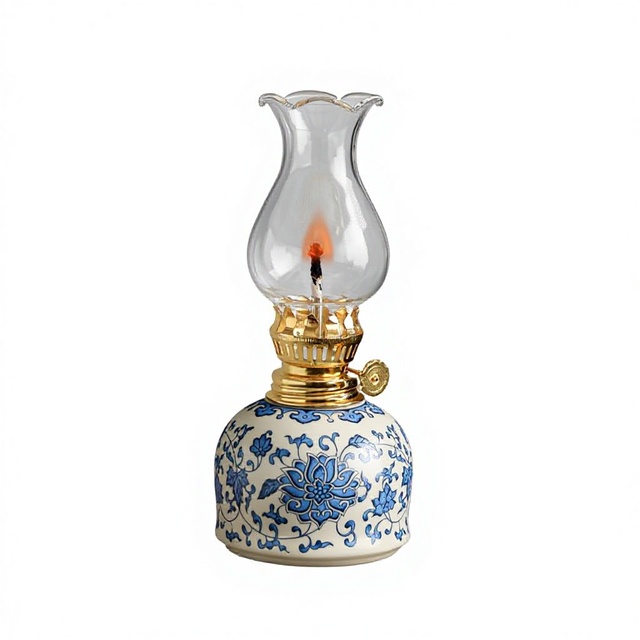 Blue-and-white Ru Kiln Ceramic Ghee Lamp Bedroom Night Light Modern Simplicity Design Ornaments Buddha Lamp Entwined Lotus Lamp