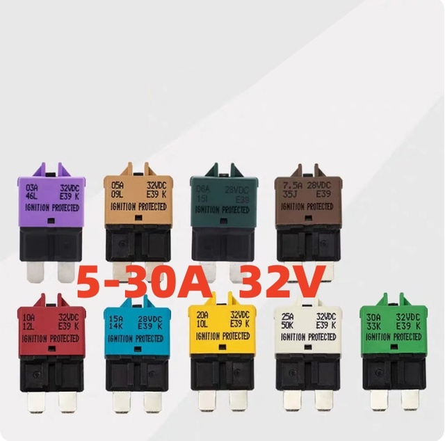 32VDC ATO Medium Manual Reset Fuse 3A-30A Resettable Blade Fuse for Cars/Trucks Various Amps 5A 7.5A 10A 15A 20A 25A 30A