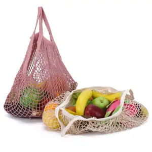 Ramah lingkungan LOGO kustom 100% katun dapat dicuci jaring belanja besar tas jala untuk buah dan sayuran