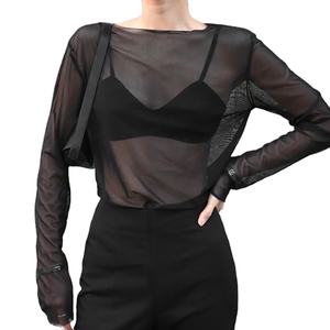 2024 début printemps nouveau Sexy Perspective maille bas chemise femmes <span class=keywords><strong>noir</strong></span> à manches longues mince <span class=keywords><strong>haut</strong></span> <span class=keywords><strong>Transparent</strong></span> - Product Image 1