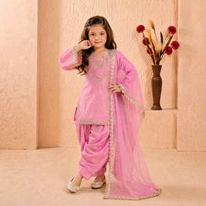 Conjunto de Salwar Kameez Rosa para Niñas con Patiala y Dupatta, Traje Étnico de Seda Bordada para Fiesta - Product Image 1