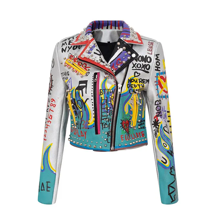Apparel > Women’s Clothing > Women’s Suits Faux Pu Leather Motorbike Graffiti Print Rivet Punk Style Cropped Coat Leather Jacket” /><br /><a href=