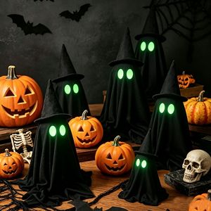 Figurine de table fantôme noir d'Halloween avec yeux verts lumineux et chapeau de sorcière, ornement de fête pour bureau - Product Image 1