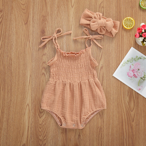 Mùa Hè Sơ Sinh Bé Gái Quần Áo Rắn Không Tay <span class=keywords><strong>Backless</strong></span> Headband 2 Cái Trang Phục Sunsuit Muslin Cotton Romper Jumpsuit - Product Image 6