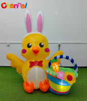 Ornement de jardin gonflable de Pâques : Poussin jaune avec serre-tête oreilles de lapin, panier de fleurs gonflable, carotte et lumière LED