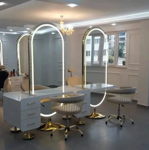 Mueble Espejo Dorado para Colgar en la Pared, Estación de Espejo con Cajones de Madera para Peluquería, Muebles para Salón de Belleza - Product Image 2