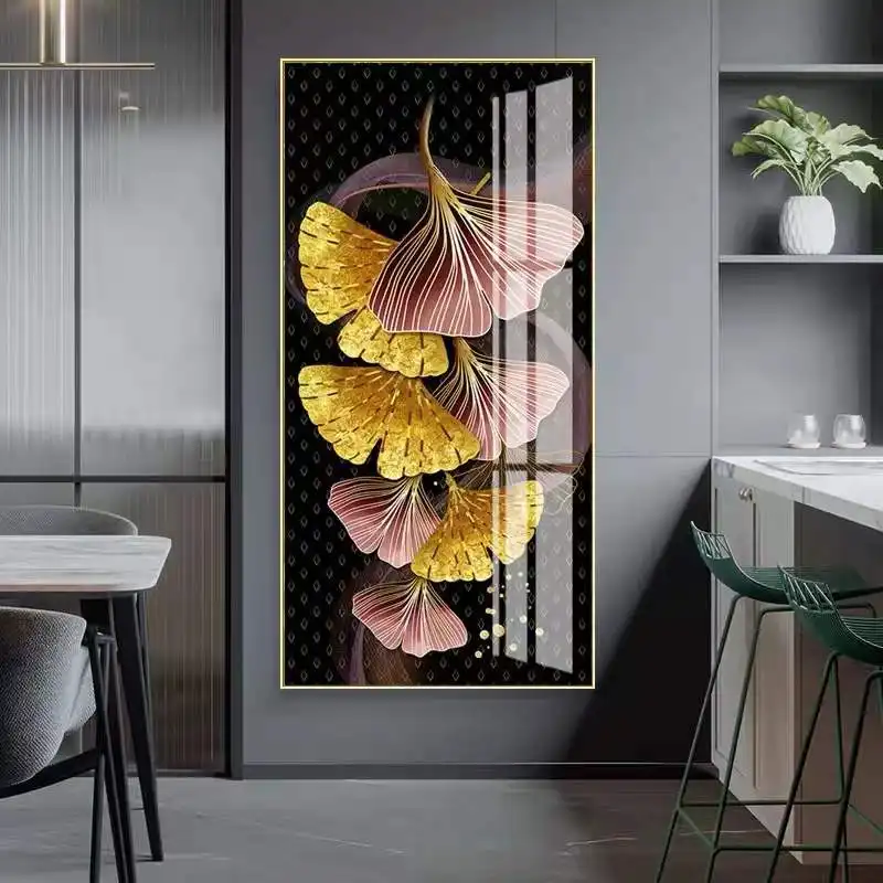 Customized Single Panel Decor Painting Yellow Gold Leaf Plant Flower Landscape Paintings Crystal Porcelain Wall Art Painting