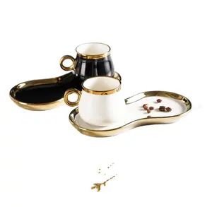 طقم فناجين شاي وصحون عربية بورسلين ذهبي فاخر من السيراميك للقهوة من الذهب مكون من 6 قطع فناجين قهوة تركية من السيراميك