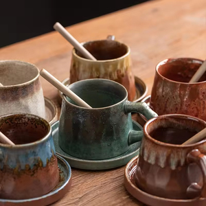 Handmade Retro Special Shaped Ceramic Coffee <b>Mug</b> With Potbelly Design Flamed Glazed Tray <b>Set</b> for Party Use - Product Image 4