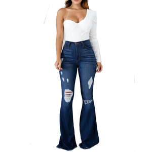 Jeans da Donna alla Moda a Vita Alta con Fondo Ampio Cinque Tasche Jeans a Zampa Effetto Consumato Taglie Forti - Product Image 5