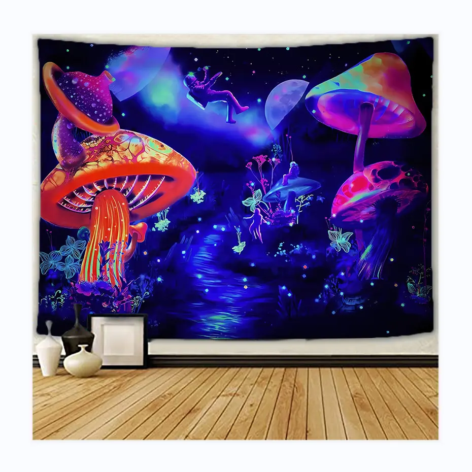 Customized Digital Printed Trippy Psychedelic Mushroom Fluorescent Decoration Room Wall Hanging Tapestry