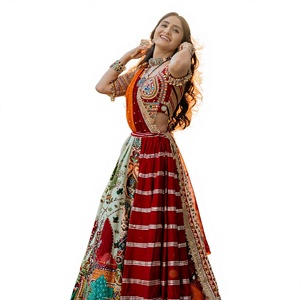 Traditional Indian Pakistani Women's Cotton Floor-Length <b>Lehenga</b> Set <b>Red</b> With Embroidery Printed Skirt Loose Fit <b>Wedding</b> Wear - Product Image 1