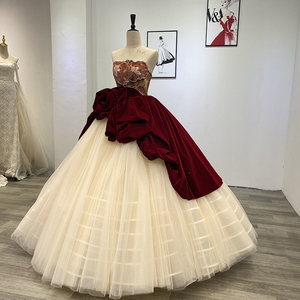Jancember Wm009 Flower <b>Red</b> and Champagne Modest Ball Gown Evening Dress - Product Image 3