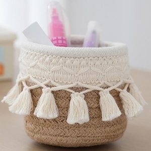 Juego de Cestas Pequeñas de Cuerda de Algodón Tejida, Organizador de Maquillaje Bohemio con Flecos, Contenedor de Almacenamiento para Artículos Pequeños, Decoración para Mesa de Vanidad - Product Image 1