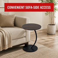 Table d'appoint ronde moderne avec plateau en MDF noyer et pieds en métal noir en forme de C, table d'appoint minimaliste pour salon et chambre