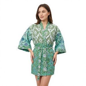 Robe longue à manches longues et col en V pour femme, style bohème floral, avec cordon de serrage, 100 % coton 220g, respirante, douce et séchage rapide - Product Image 1