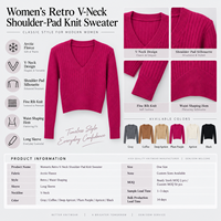 Pull tricoté côtelé vintage pour femme, col en V, épaulettes, manches longues, taille cintrée, automne-hiver, avec logo personnalisé OEM ODM