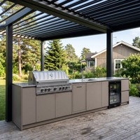 Meubles de cuisine extérieurs sur mesure Hyrley en acier inoxydable linéaire taupe, incluant un barbecue à gaz, une évier et un réfrigérateur pour pergola et terrasse