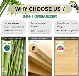 Qi Fuang Küchen folie Kunststoff-Verpackungs-Holz-Organisator 6 in 1 Bambus Reiß verschluss Tasche Aufbewahrung Organisator mit Schneider